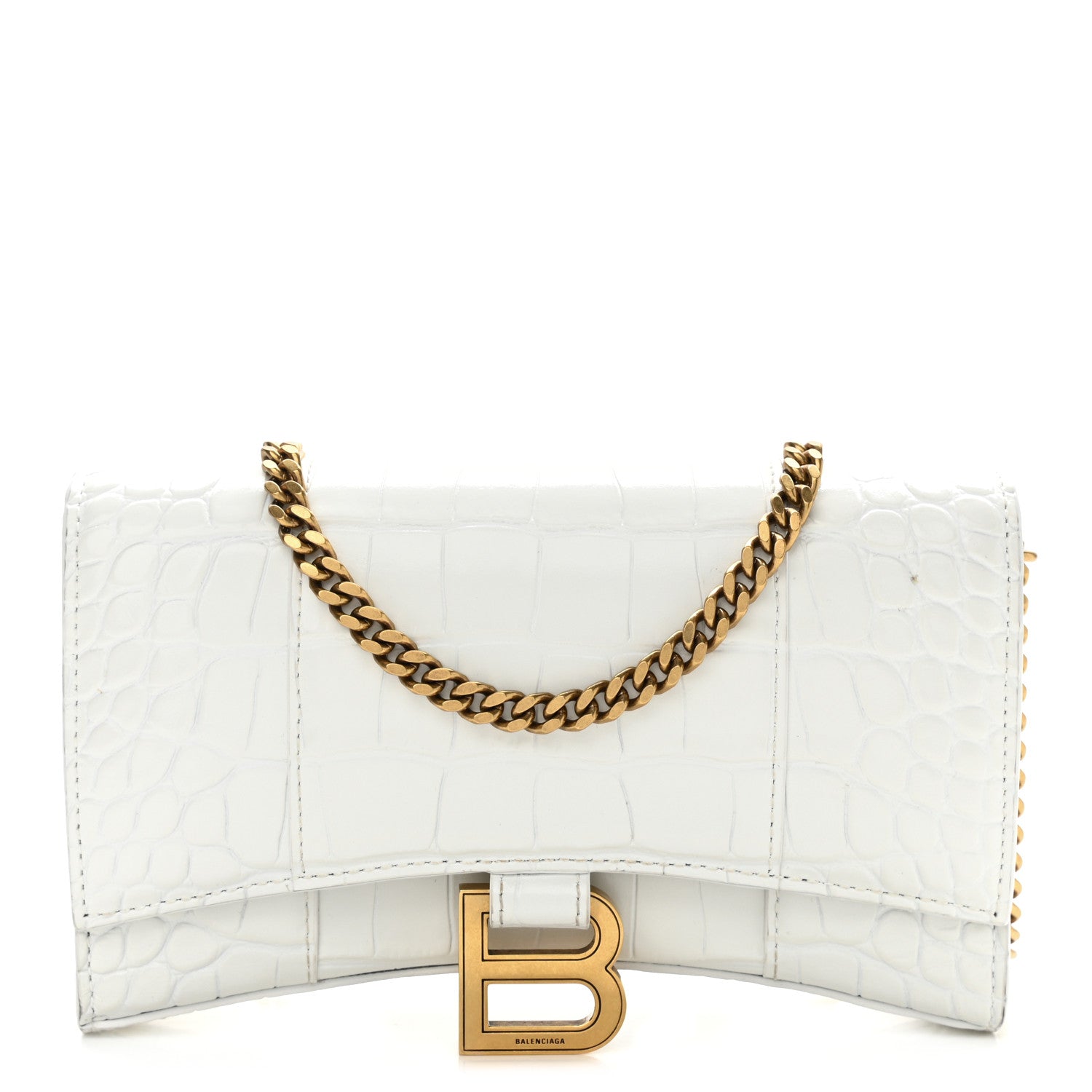 Balenciaga Shiny Calfskin Crocodile Embossed Hourglass Chain Bag White 1 of 11
