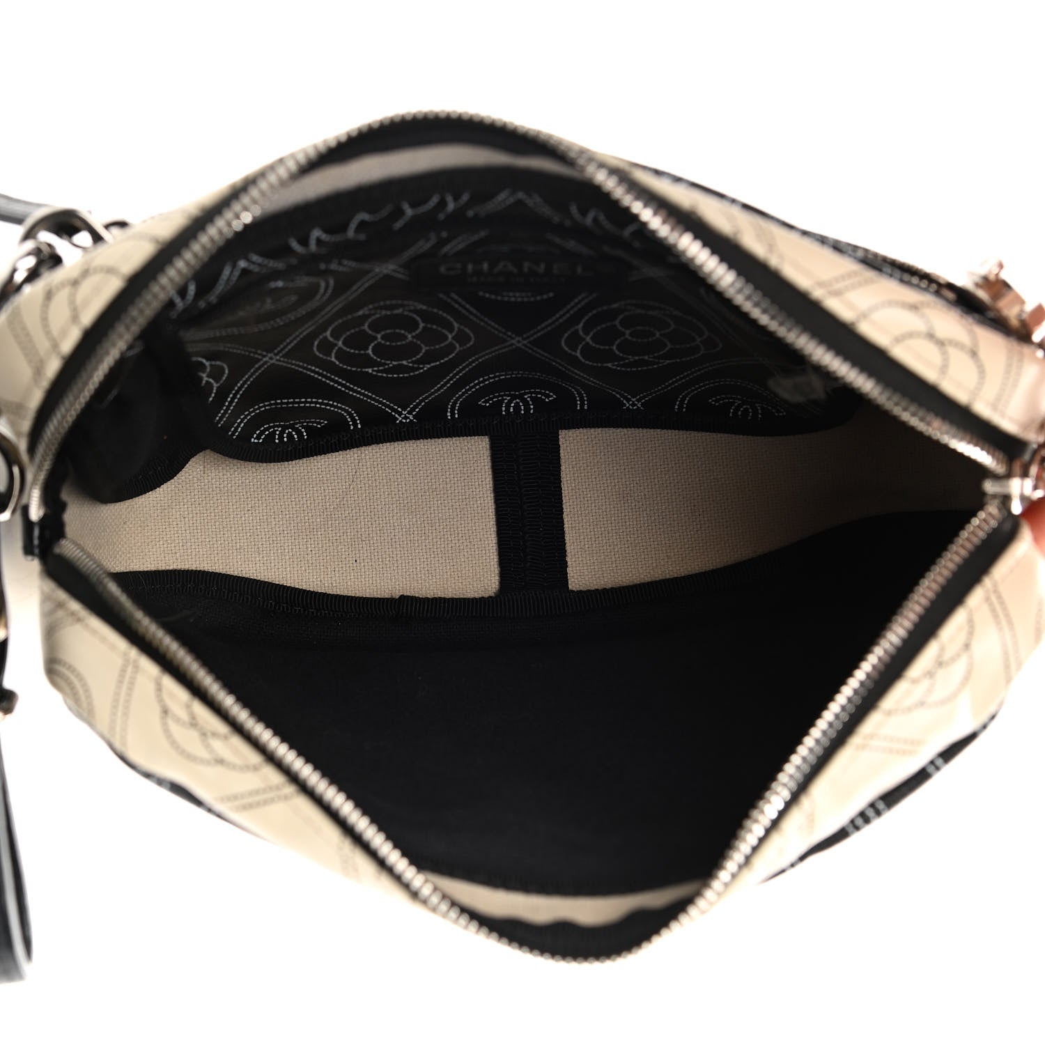 Chanel Coated Canvas Calfskin Camellia Printed Camera Case Black Beige 5 of 14