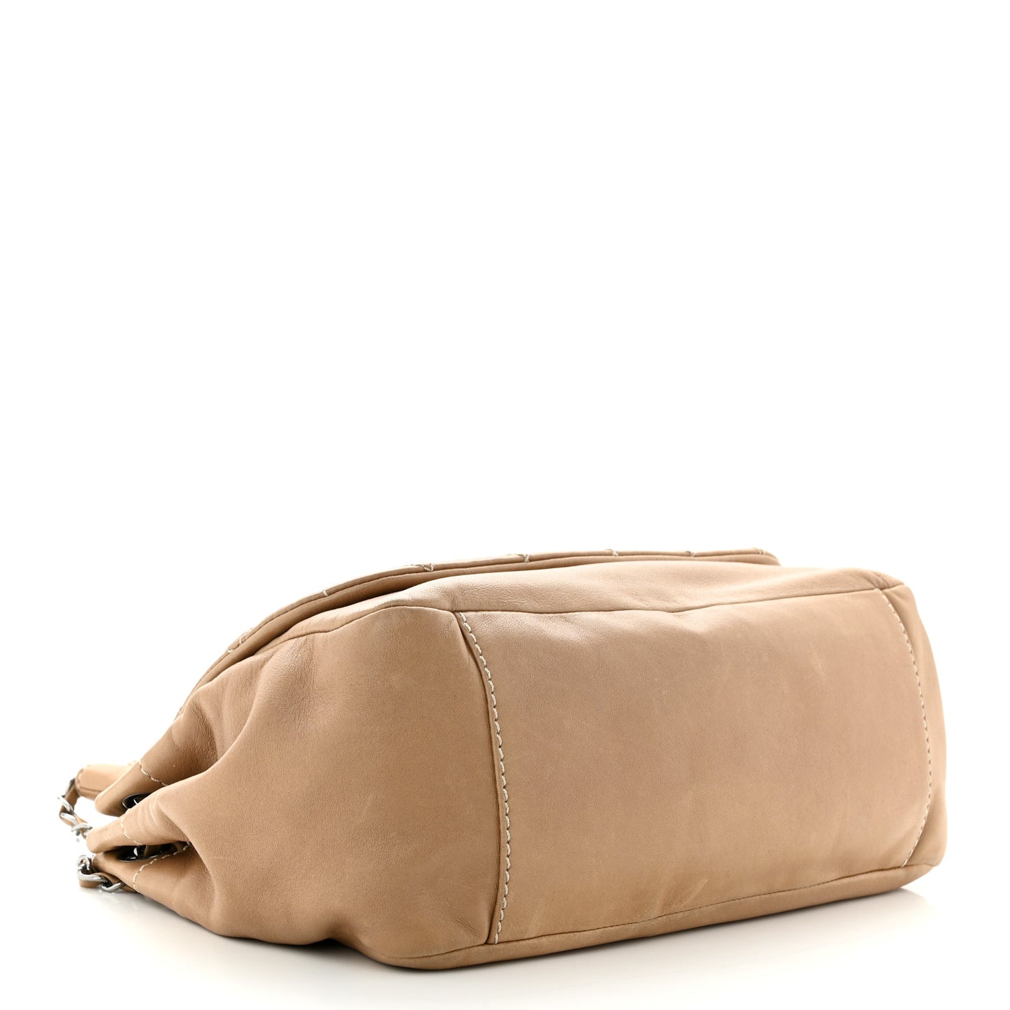 Lambskin Contrast Stitch Surpique Accordion Flap Beige