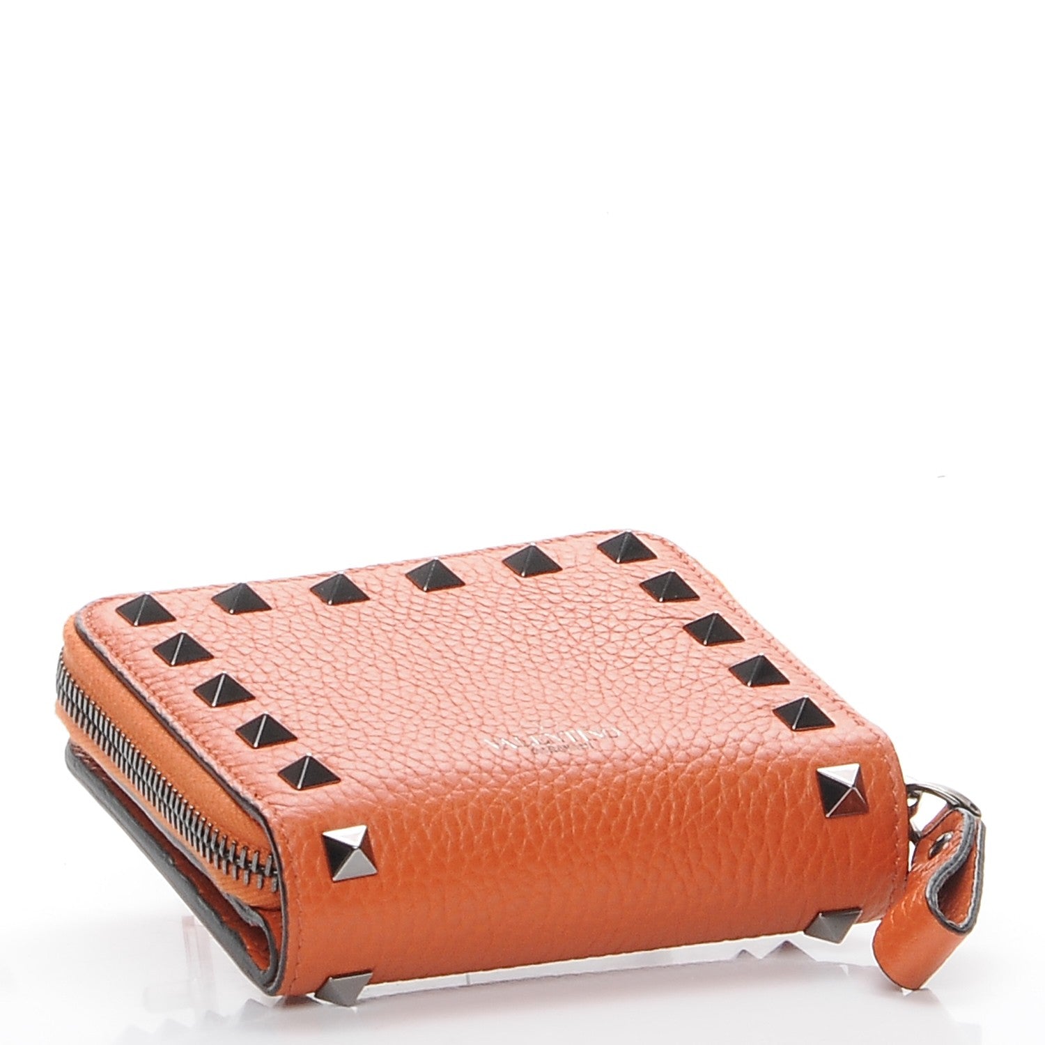Valentino Garavani Pebbled Calfskin Rockstud Compact Zip Around Wallet Orange 4 of 9