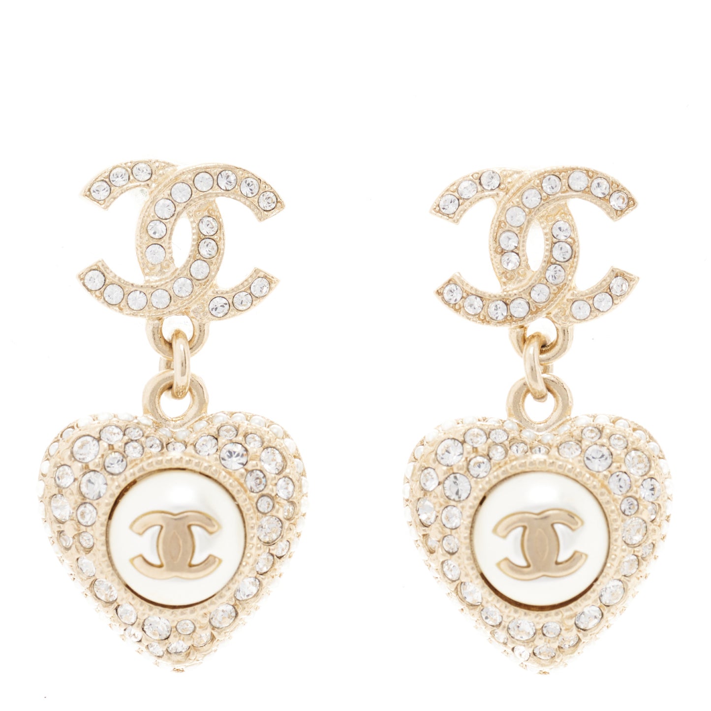 Pearl Crystal CC Heart Drop Earrings Gold White