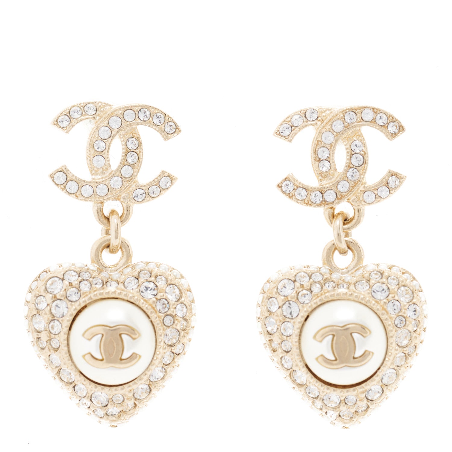 Chanel Pearl Crystal CC Heart Drop Earrings Gold White 1 of 5