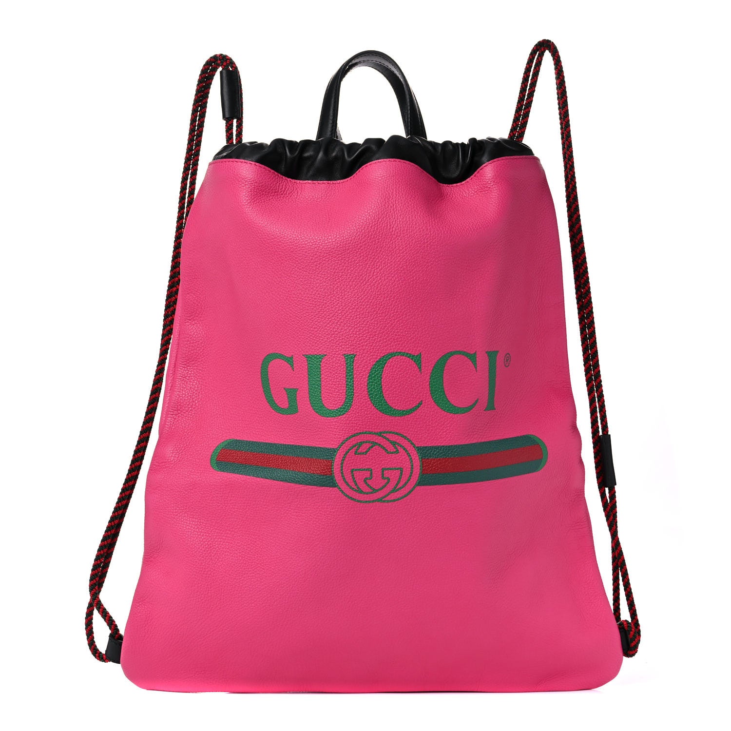 Gucci Grained Calfskin Logo Drawstring Backpack Box Pink Green Black 1 of 10