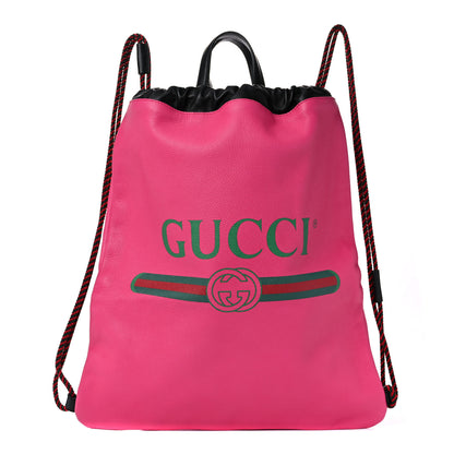 Gucci Grained Calfskin Logo Drawstring Backpack Box Pink Green Black 1 of 10