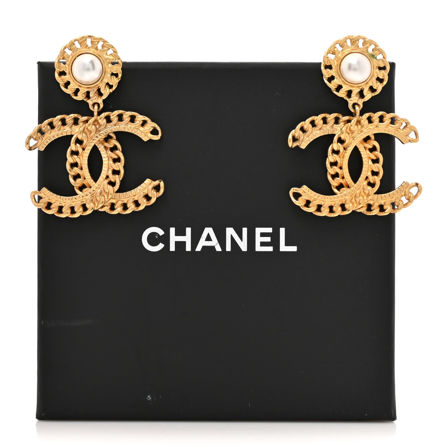 Metal Pearl CC Chain Drop Earrings Gold