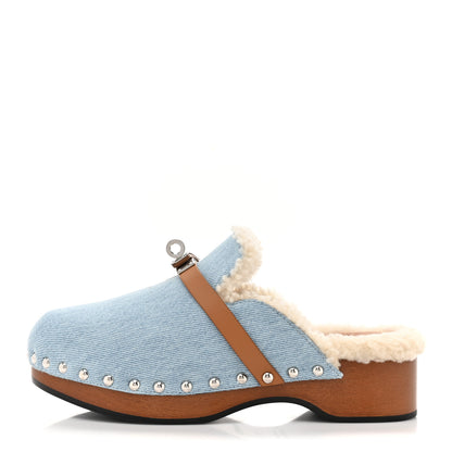 Hermes Denim Wool Carlotta Mules 35 Bleu Clair Naturel 1 of 9