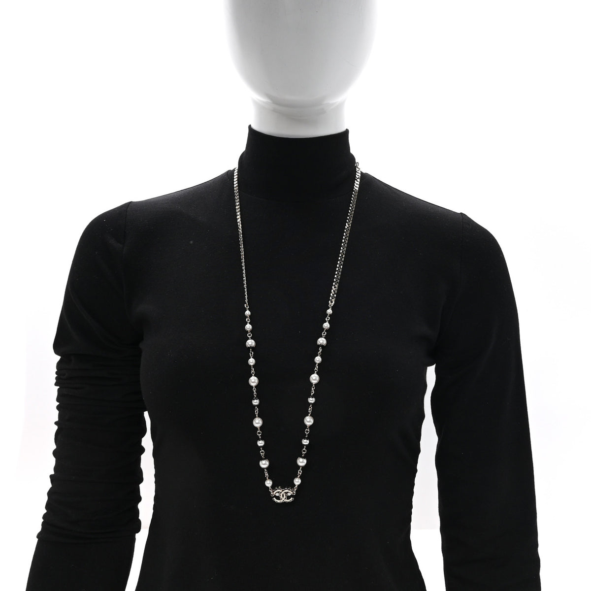 Metal Enamel Pearl CC Necklace Gold Black White