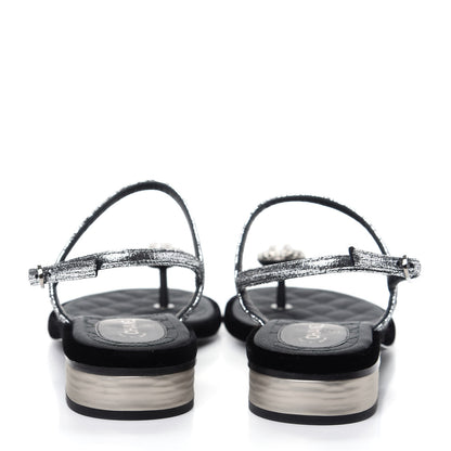 Chanel Metallized Goatskin Pearl CC Thong Sandals 37.5 Silver 7 of 10