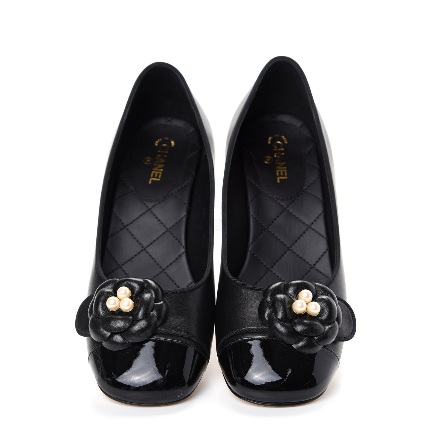 Lambskin Patent Calfskin Pearl Camellia Cap Toe Pumps 37 Black