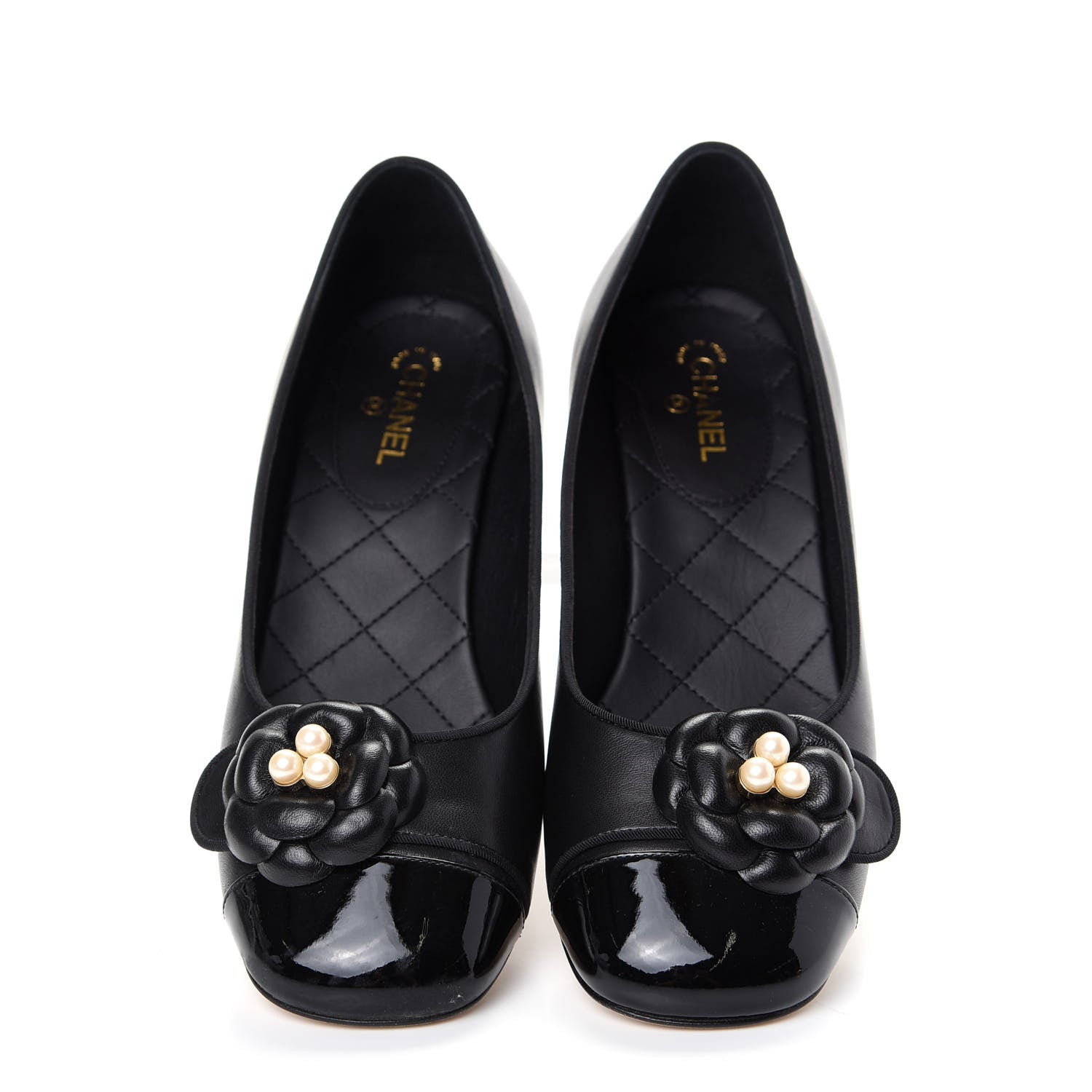 Chanel Lambskin Patent Calfskin Pearl Camellia Cap Toe Pumps 37 Black 5 of 11