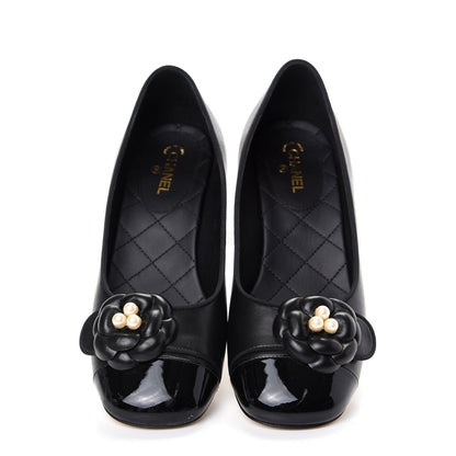 Chanel Lambskin Patent Calfskin Pearl Camellia Cap Toe Pumps 37 Black 5 of 11