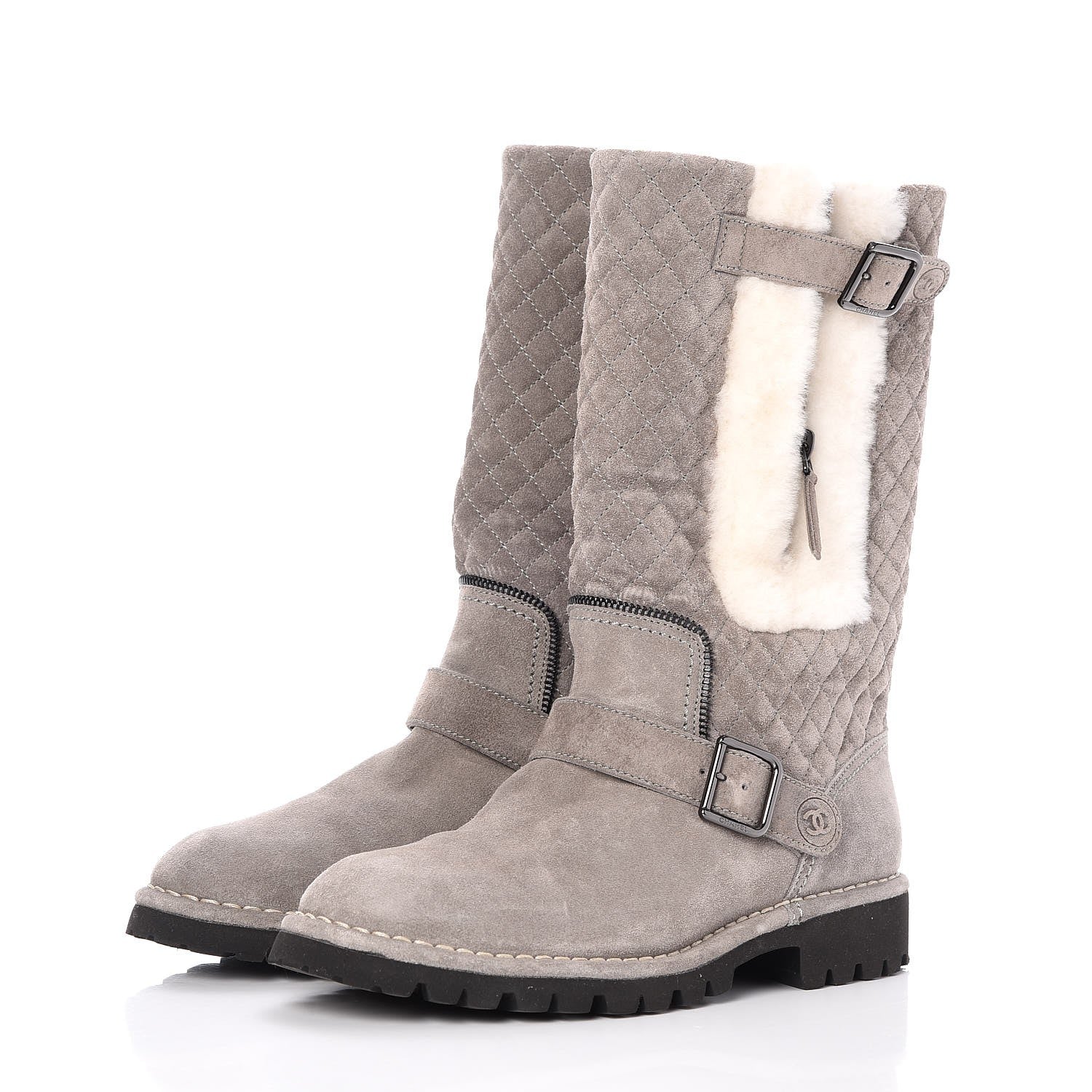 Chanel Shearling Suede Calfskin Quilted High Boots 39.5 Grey 2 of 8