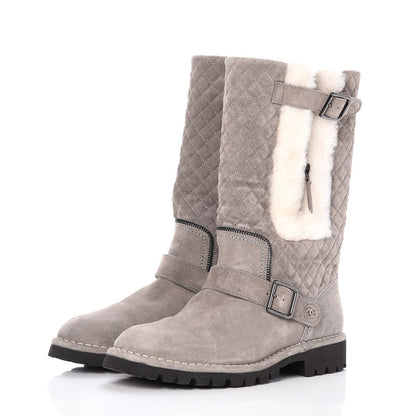 Chanel Shearling Suede Calfskin Quilted High Boots 39.5 Grey 2 of 8