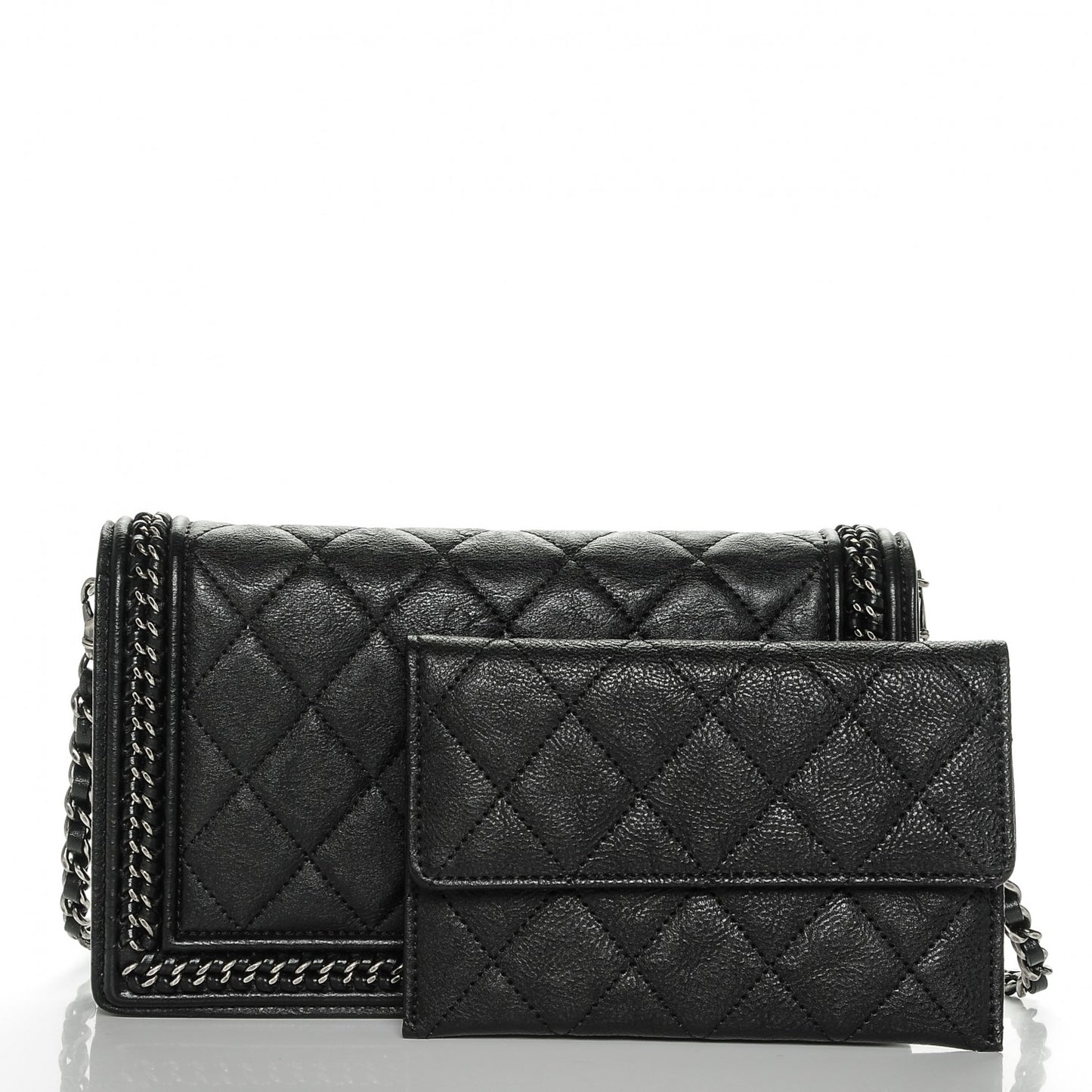 Calfskin Quilted Chain Around Boy Wallet On Removable Chain WOC Black