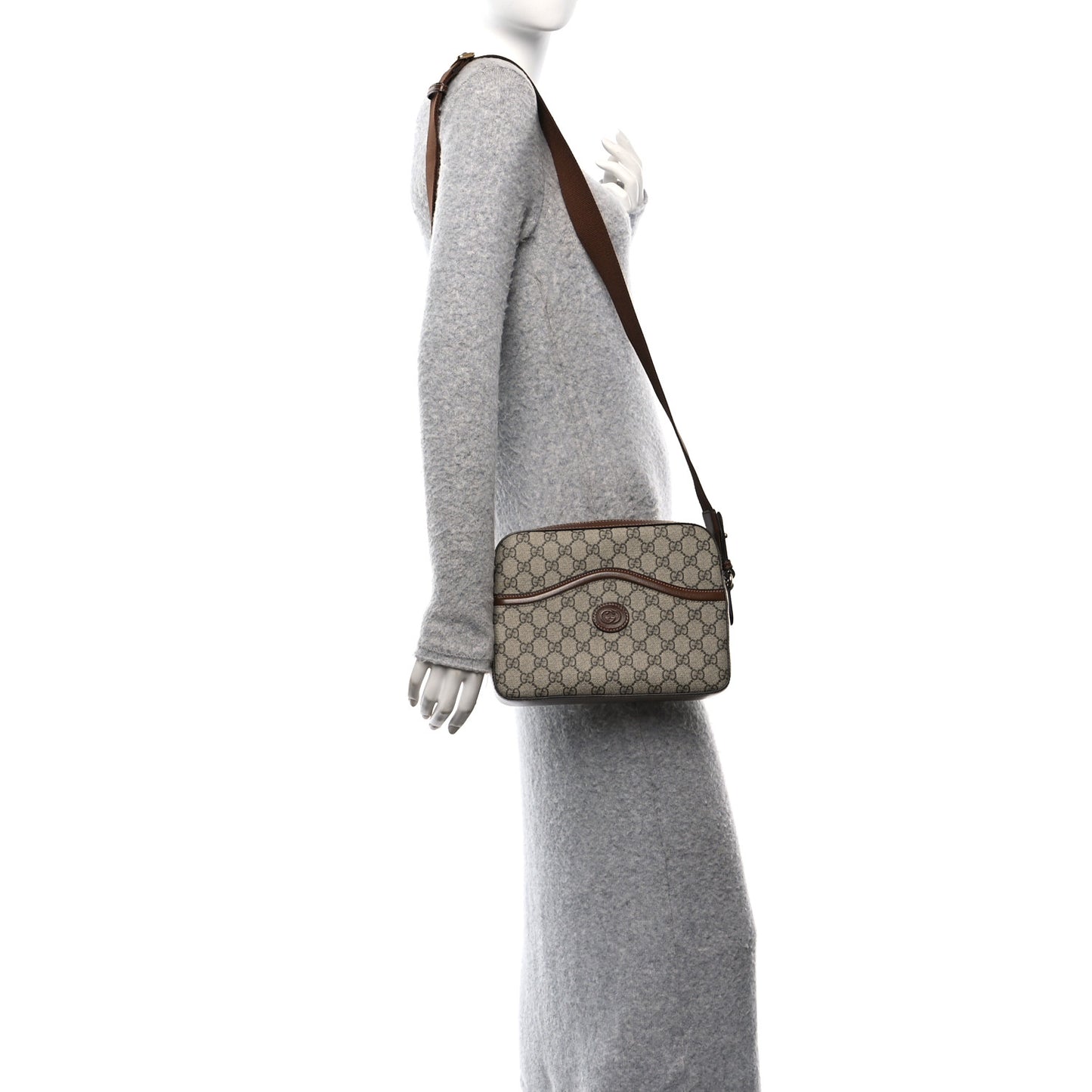 GG Supreme Monogram Azalea Calfskin Retro Interlocking G Messenger Shoulder Bag Beige Ebony Brown Sugar