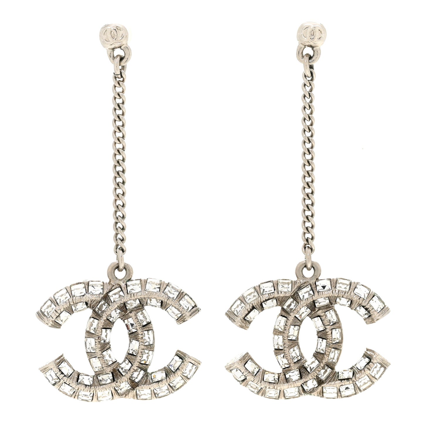 Baguette Crystal CC Drop Earrings Silver