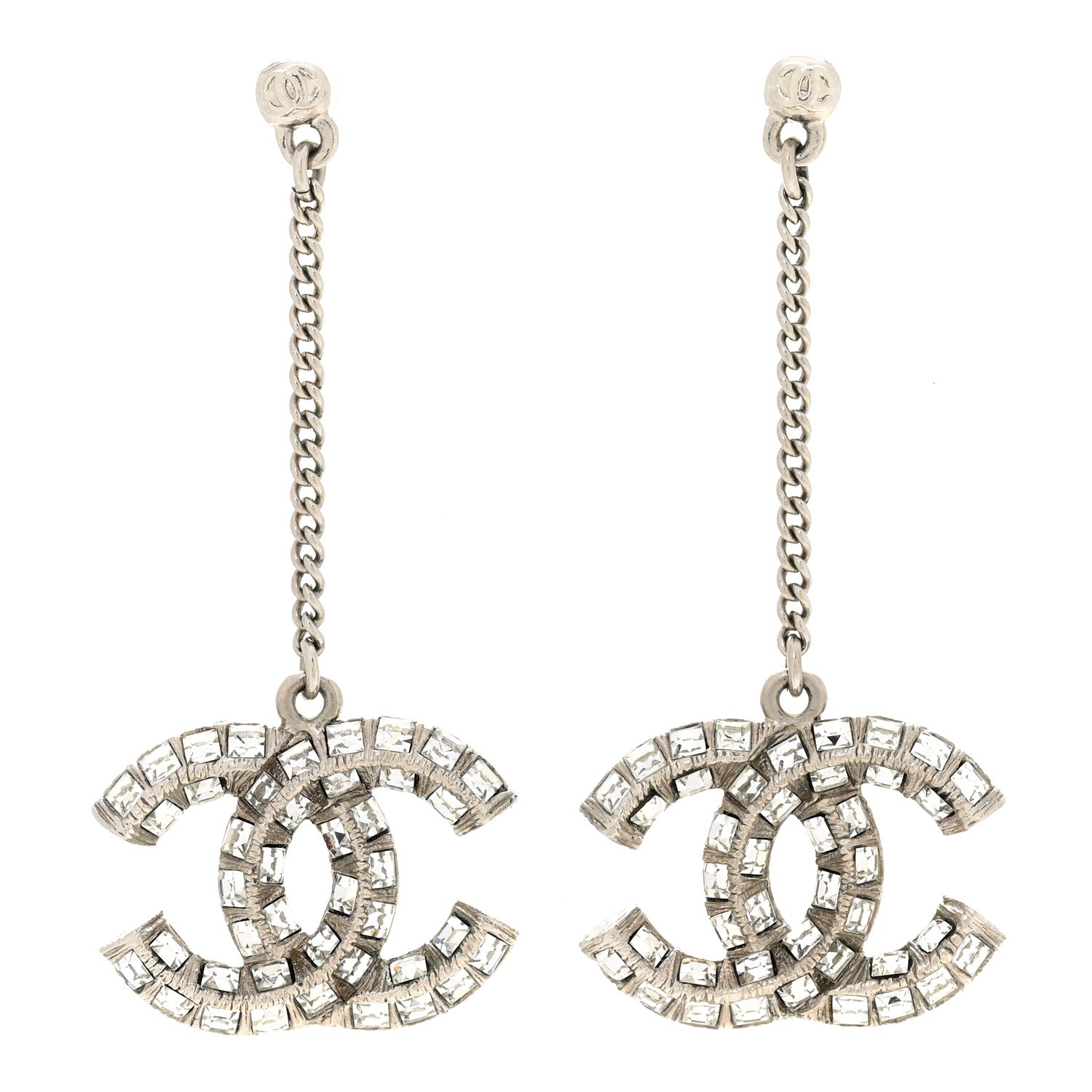 Chanel Baguette Crystal CC Drop Earrings Silver 1 of 4