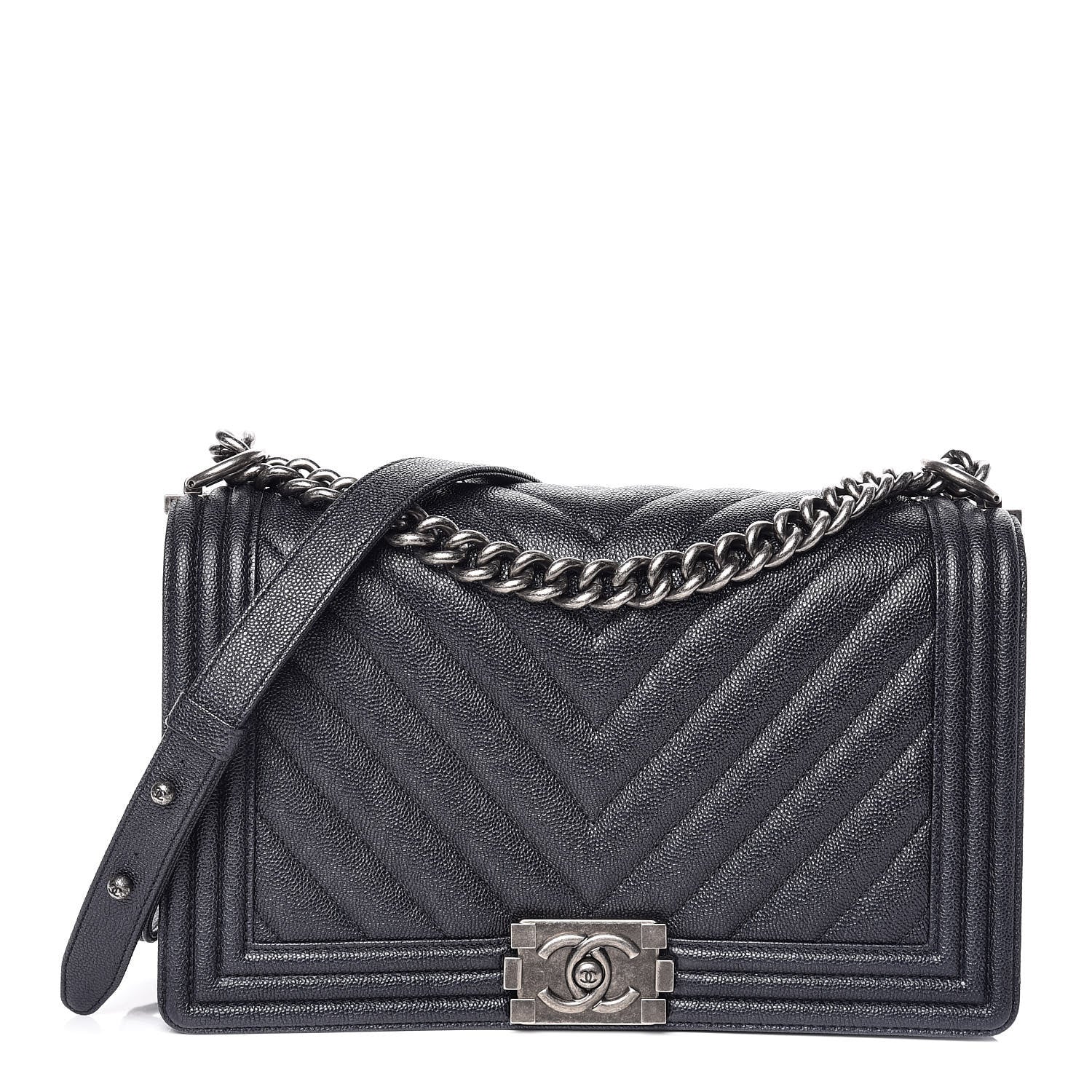 Chanel Metallic Caviar Quilted Chevron New Medium Boy Flap Navy 1 of 13