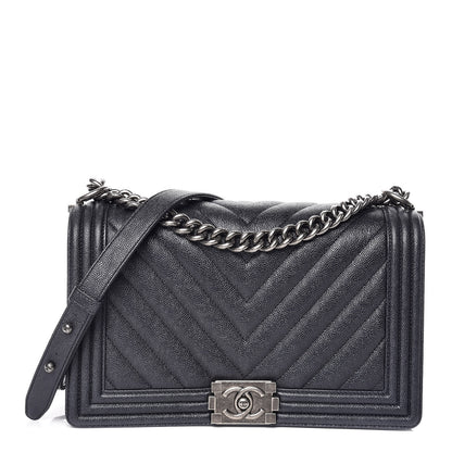 Chanel Metallic Caviar Quilted Chevron New Medium Boy Flap Navy 1 of 13