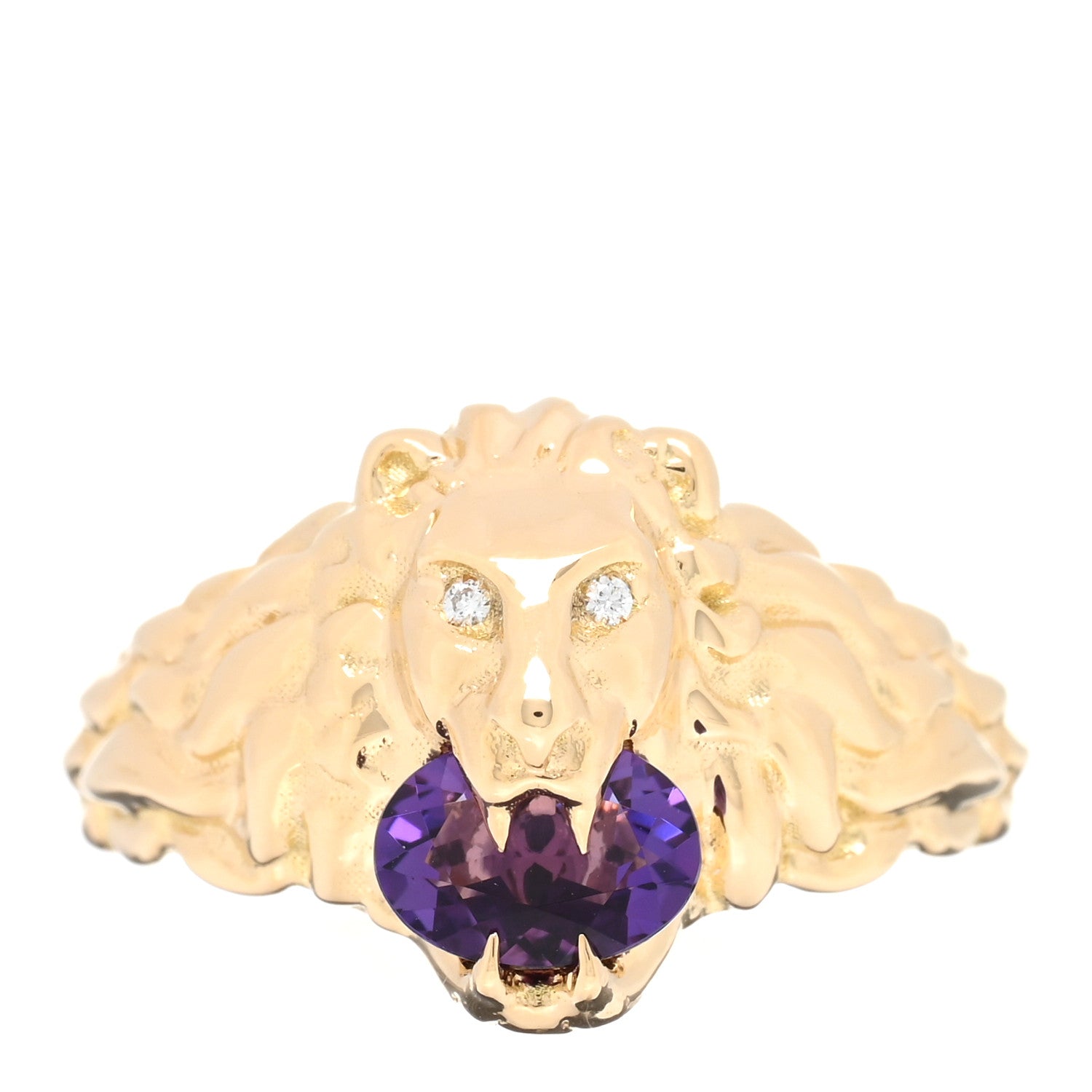 Gucci 18K Yellow Gold Diamond Amethyst Lion Head Ring 54 6.75 1 of 4