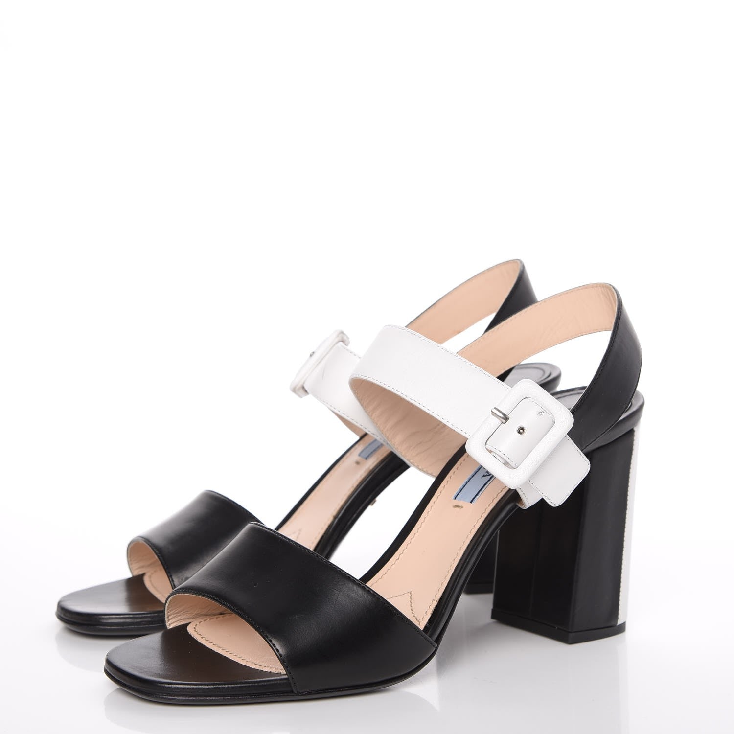 Prada Vitello Lux Bicolor Block Heel Sandals 38.5 Black White 3 of 11