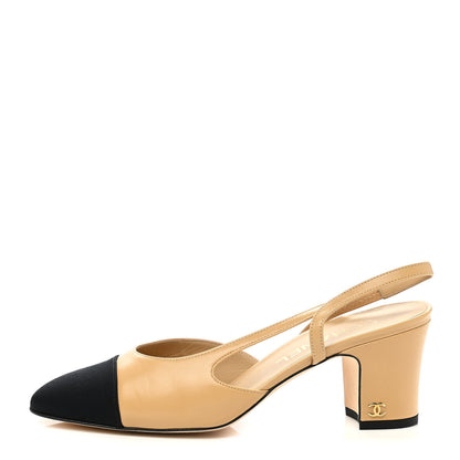Chanel Goatskin Grosgrain Cap Toe CC Slingback Pumps 37.5 Beige Black 1 of 9