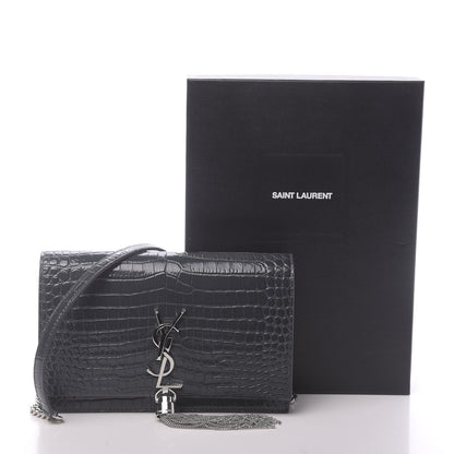 Saint Laurent Calfskin Crocodile Embossed Kate Monogram Tassel Chain Wallet Dark Smog 10 of 10