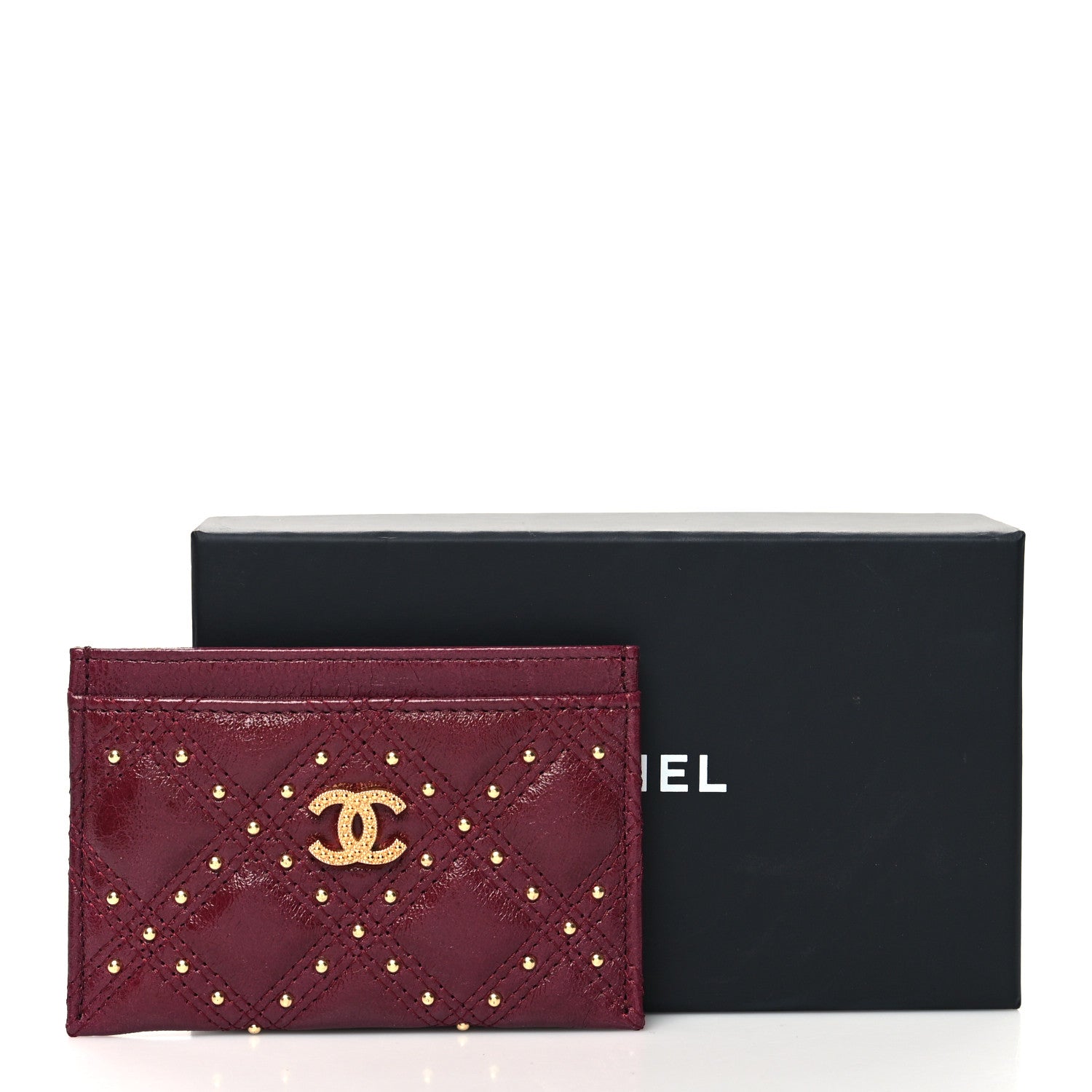 Chanel Glazed Calfskin Studded Quilted Card Holder Burgundy 10 of 10