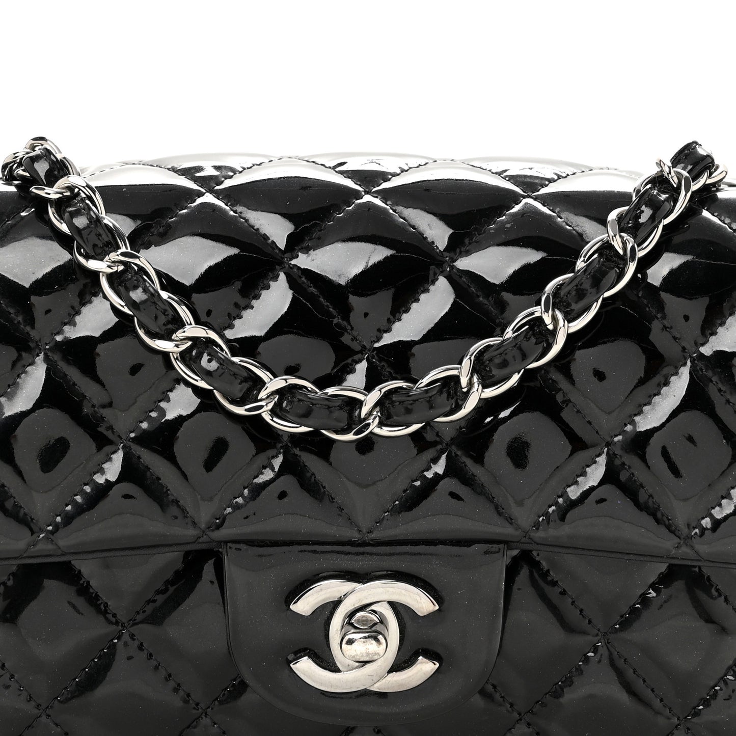 Patent Calfskin Quilted Mini Rectangular Flap Black