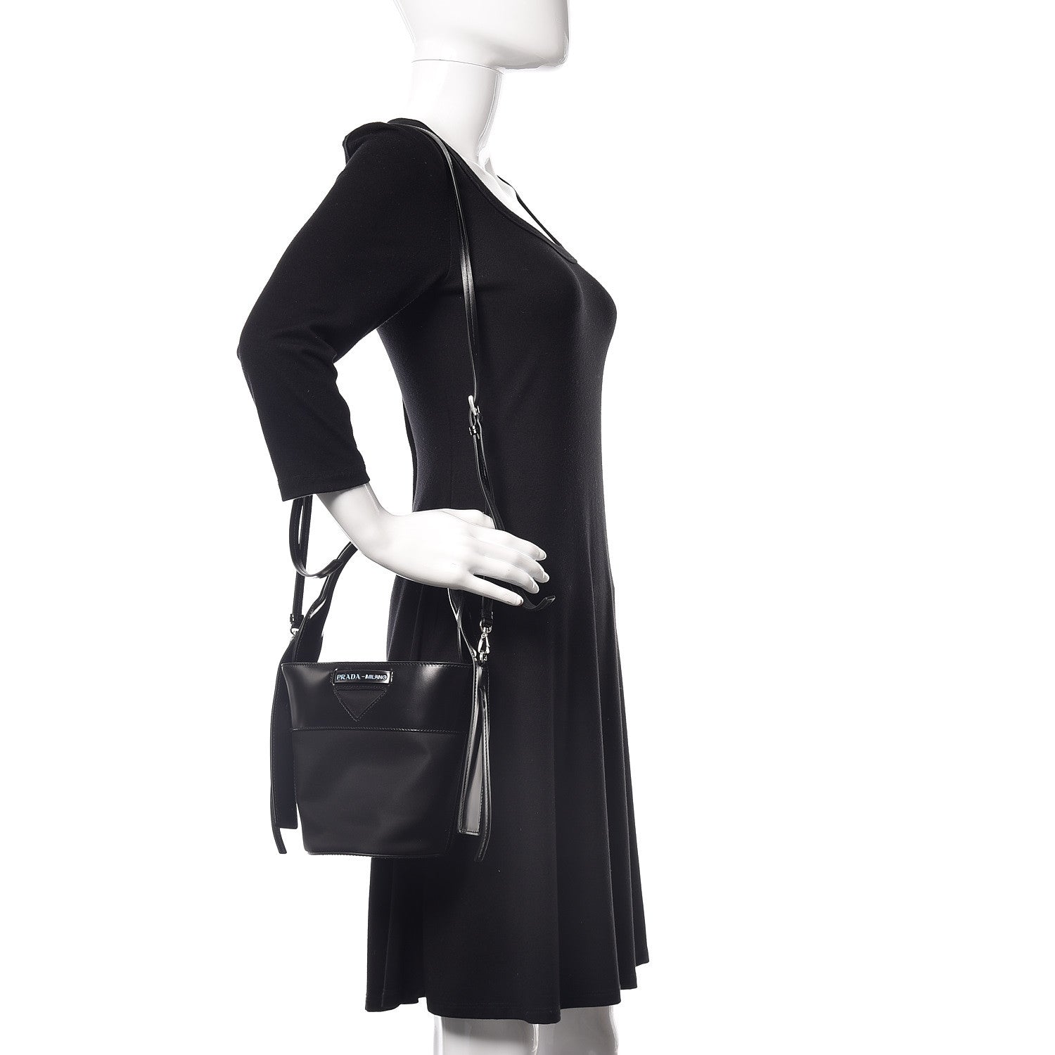 Prada Calfskin Tessuto Nylon Ouverture Bucket Bag Black 2 of 10