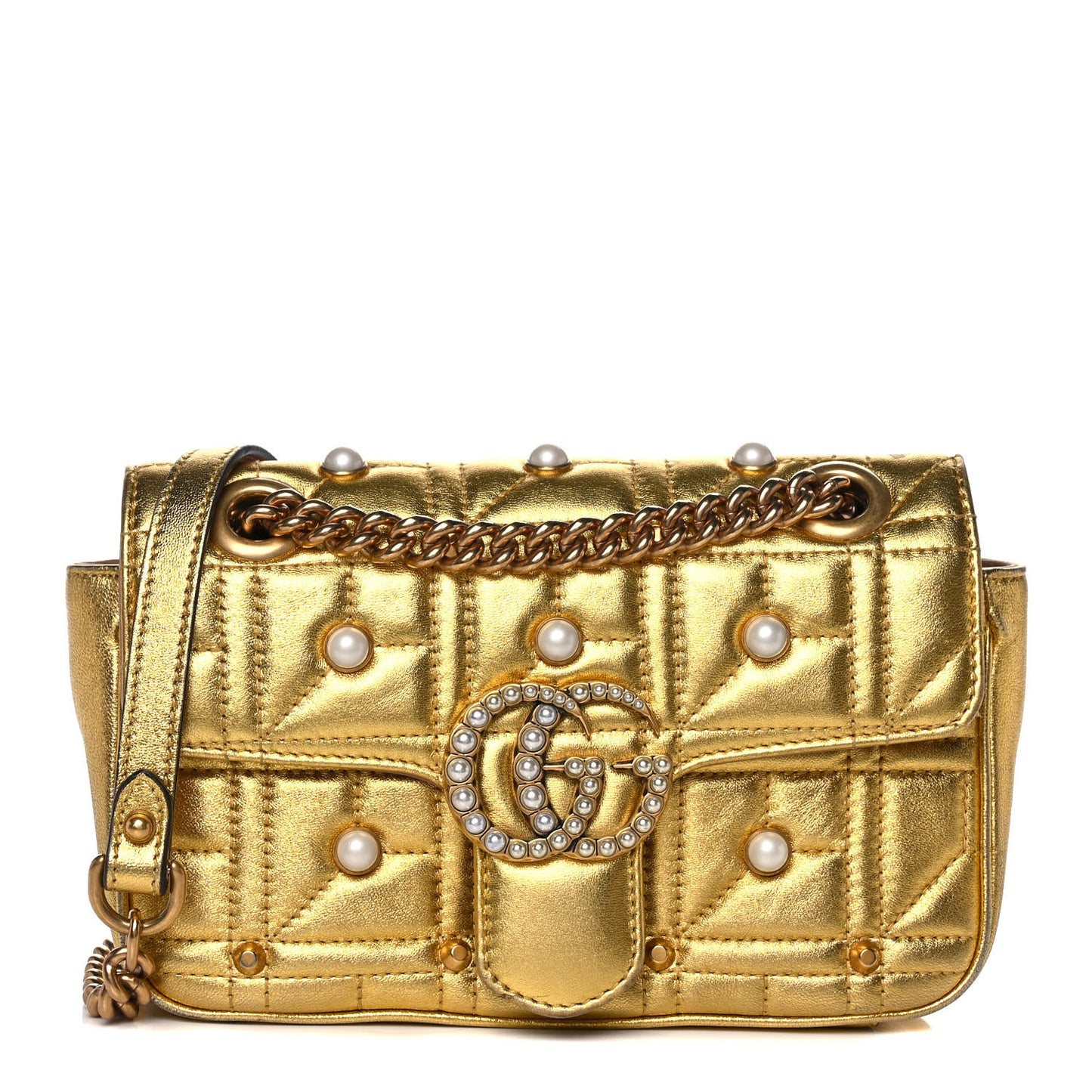 Metallic Calfskin Matelasse Studded Mini Pearly GG Marmont Shoulder Bag Gold