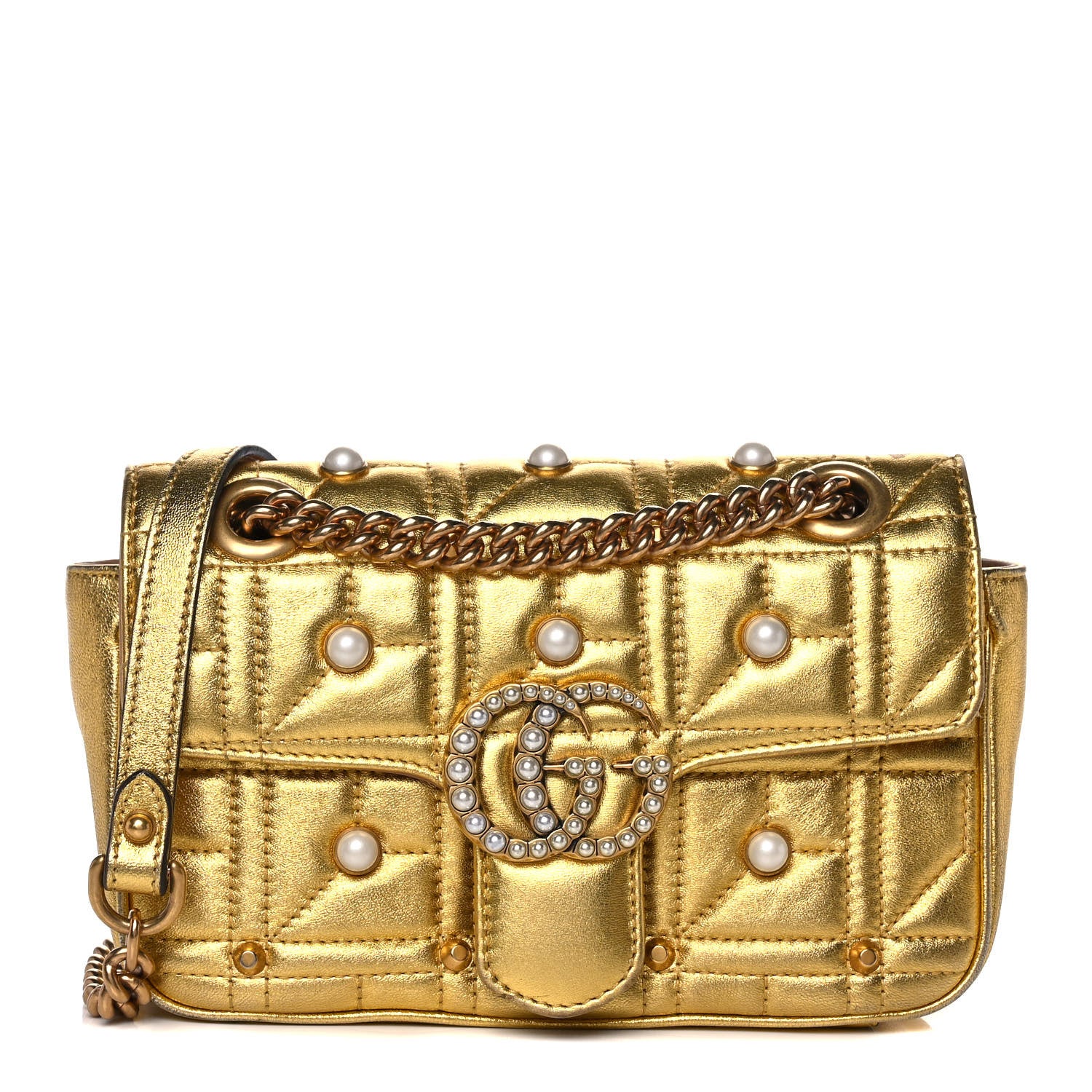 Gucci Metallic Calfskin Matelasse Studded Mini Pearly GG Marmont Shoulder Bag Gold 1 of 15
