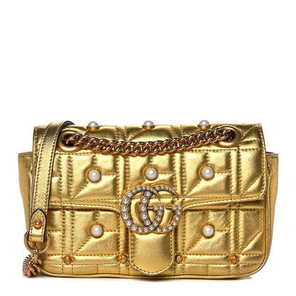 Gucci Metallic Calfskin Matelasse Studded Mini Pearly GG Marmont Shoulder Bag Gold 1 of 15