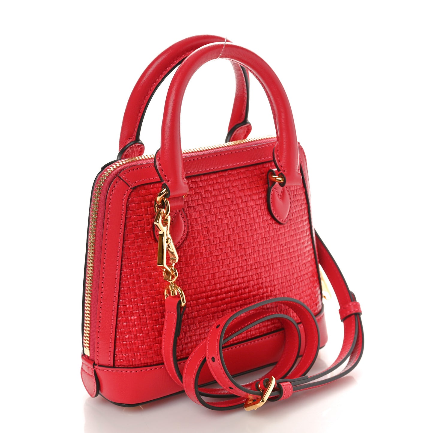 Straw Azalea Calfskin Woven Mini Horsebit 1955 Top Handle Bag Coral Wave Black