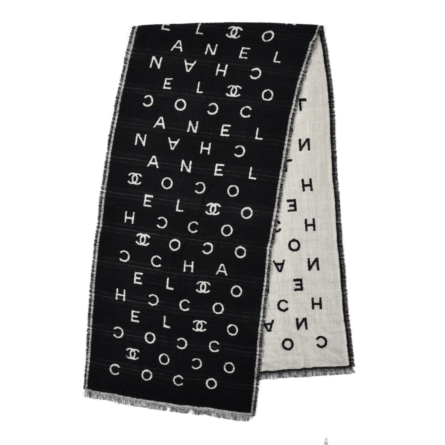 Chanel Wool Cashmere CC Scarf Black White 2 of 4