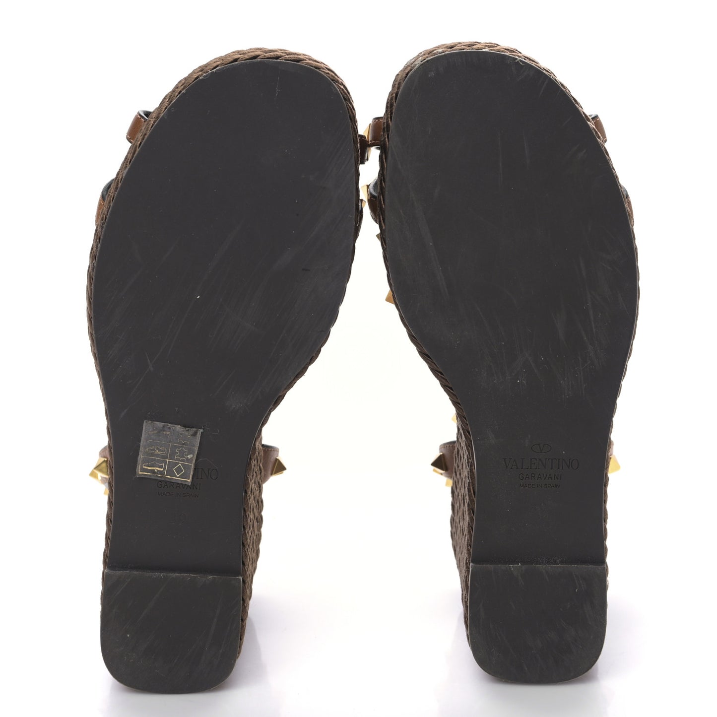 Calfskin Rockstud Ankle Strap Torchon Espadrille Caged 25/95mm Wedge Sandals 39 Cuoio