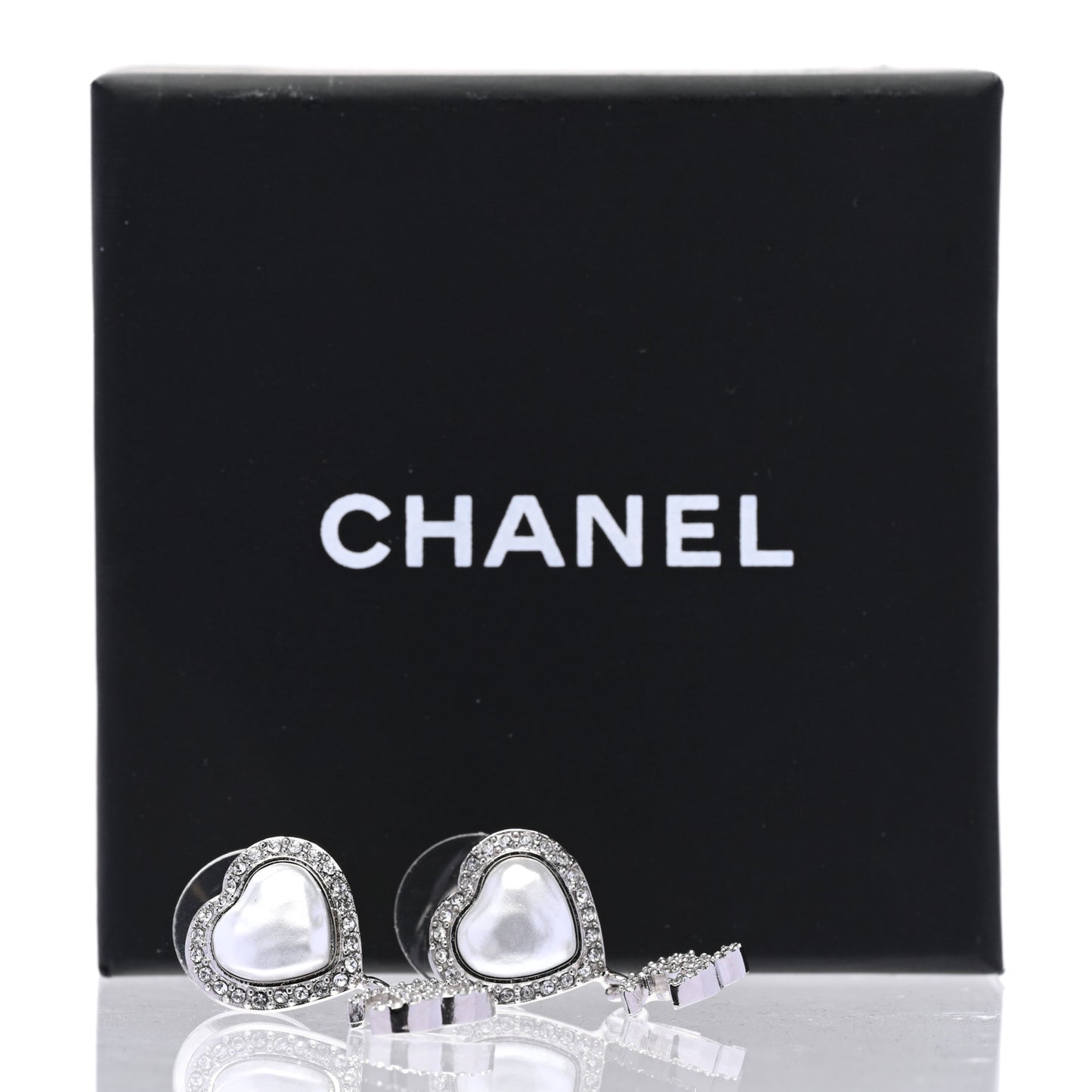Pearl Crystal CC Heart Drop Earrings Silver