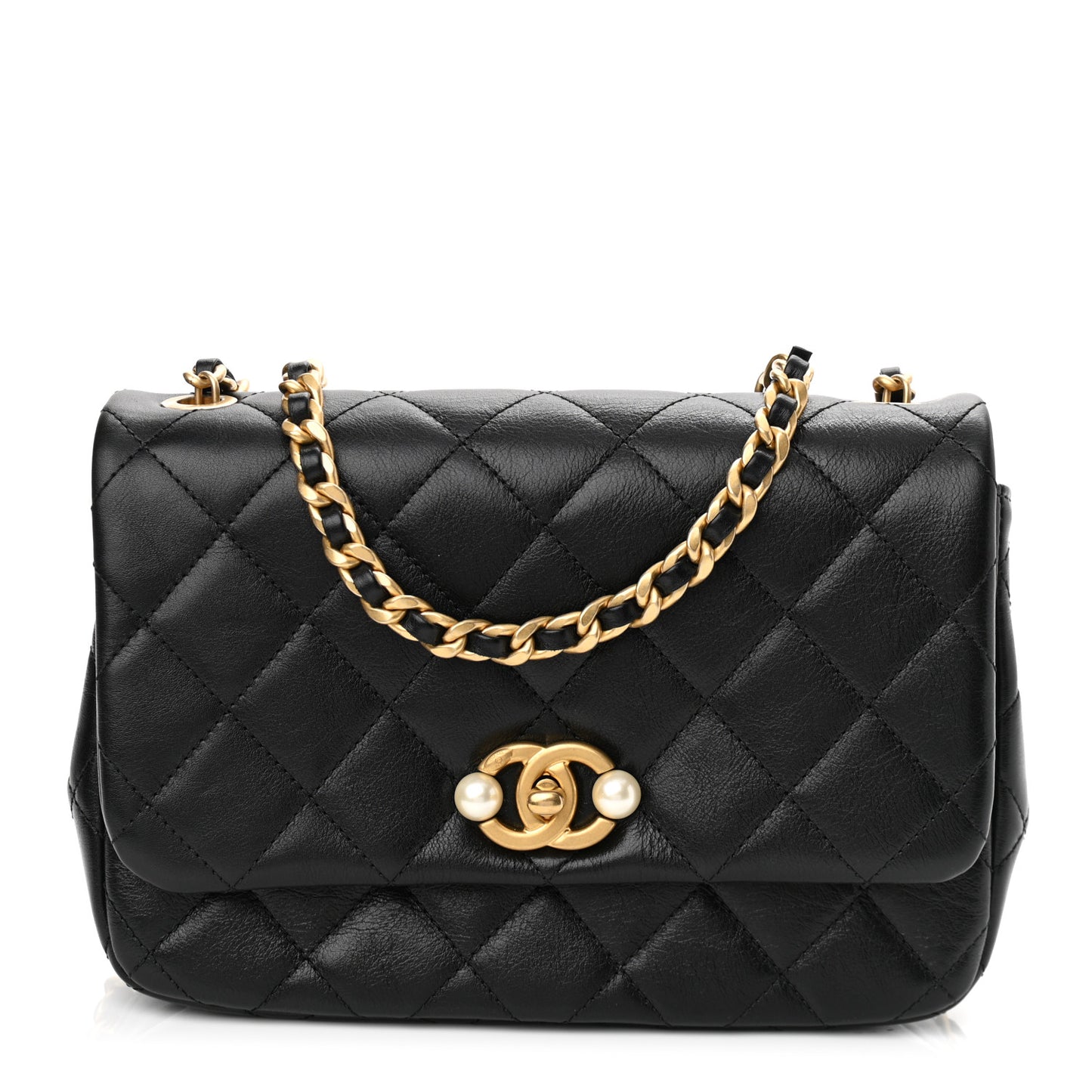 Glazed Calfskin Quilted Pearl Side Flap Black