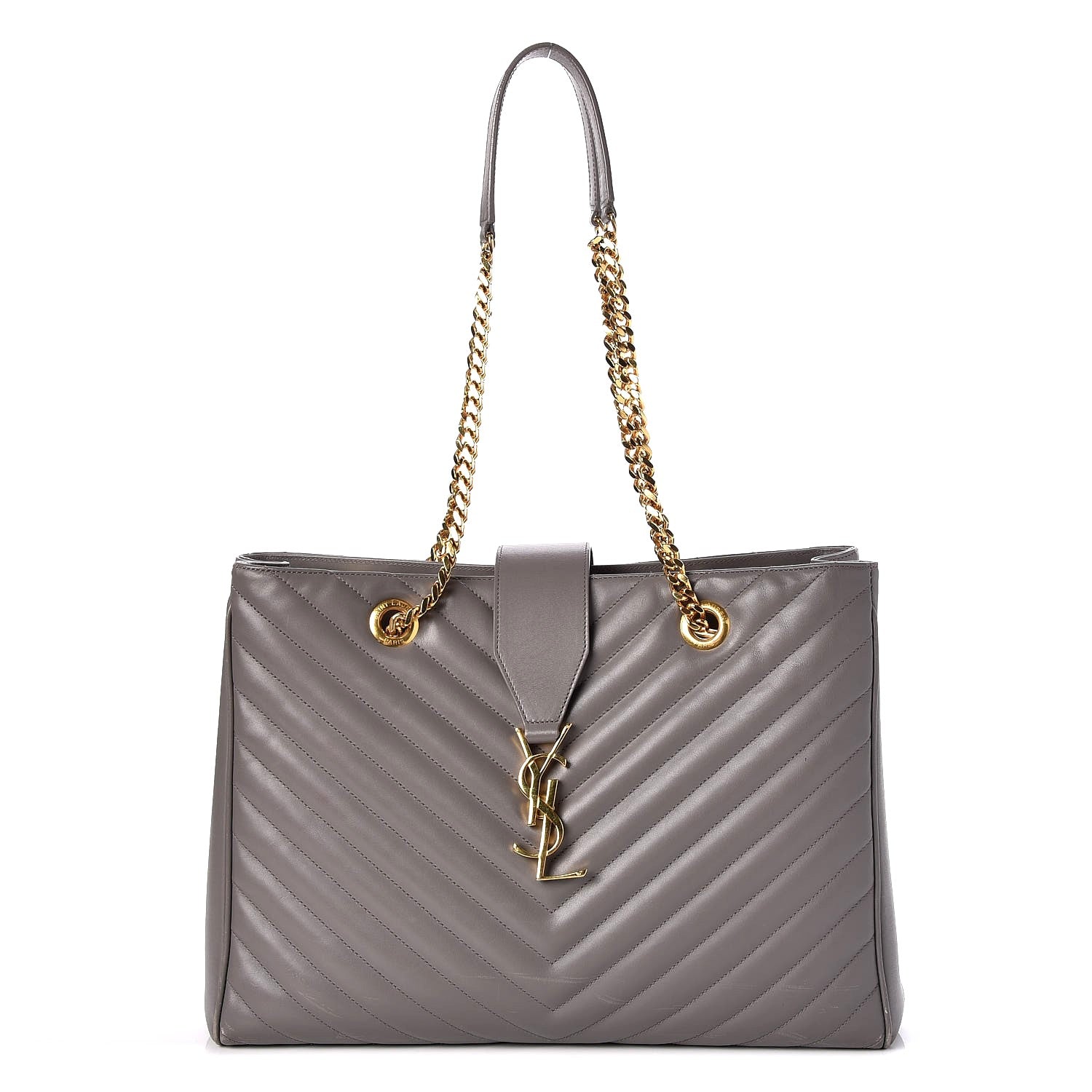 Saint Laurent Smooth Calfskin Matelasse Chevron Large Monogram Shopping Bag Grey 1 of 15