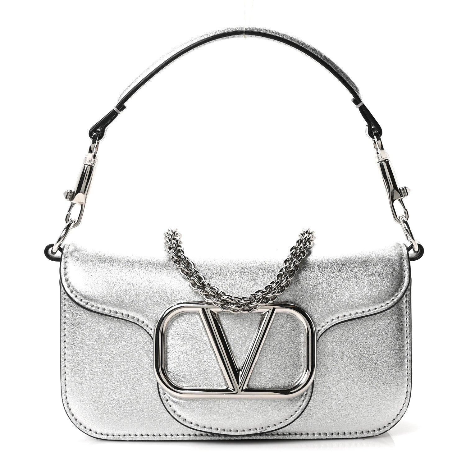 Valentino Garavani Laminated Calfskin Vlogo Small Loco Shoulder Bag Silver 1 of 8
