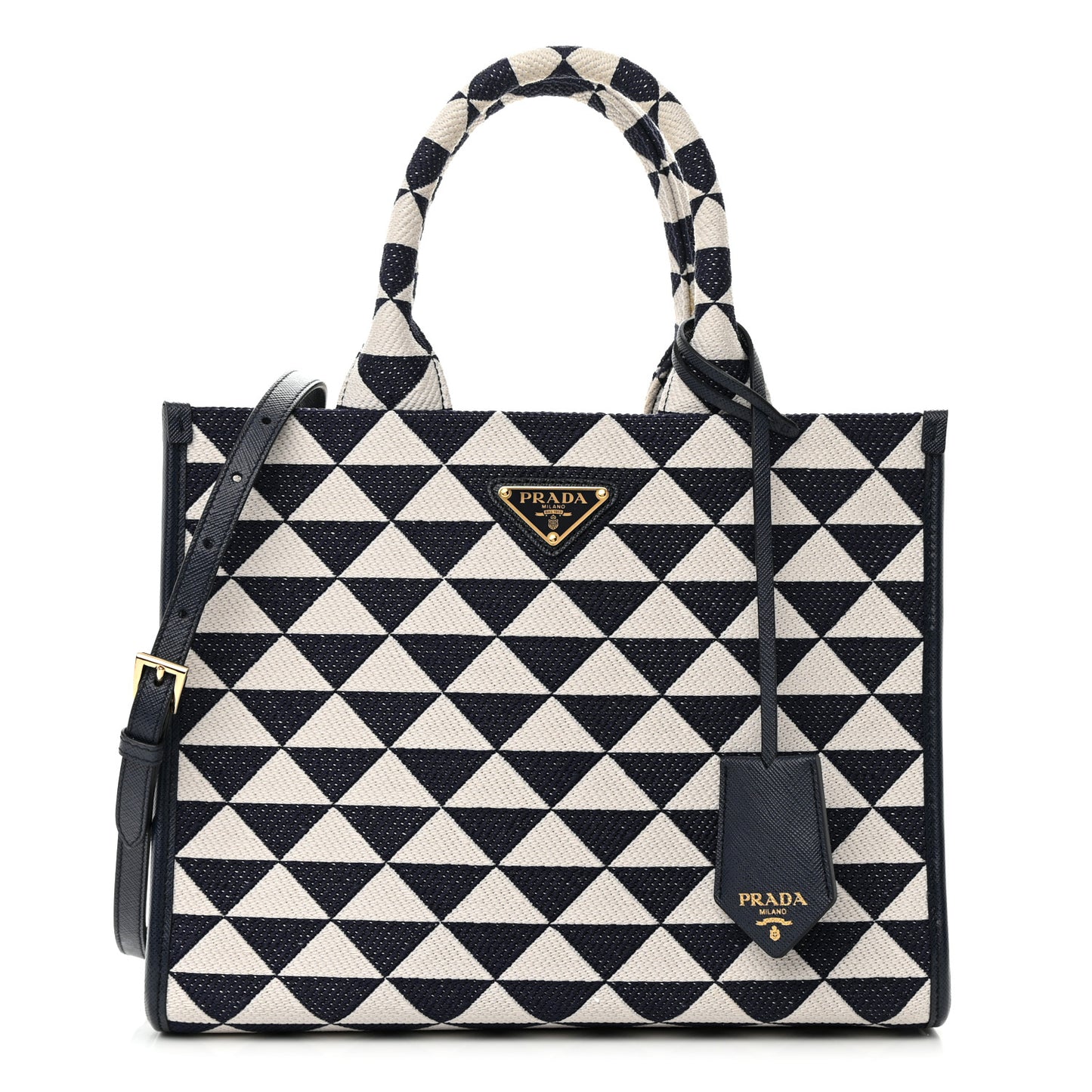 Jacquard Saffiano Triangolo Symbole Embroidered Small Tote Baltico Talco