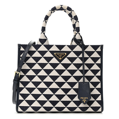 Prada Jacquard Saffiano Triangolo Symbole Embroidered Small Tote Baltico Talco 1 of 12