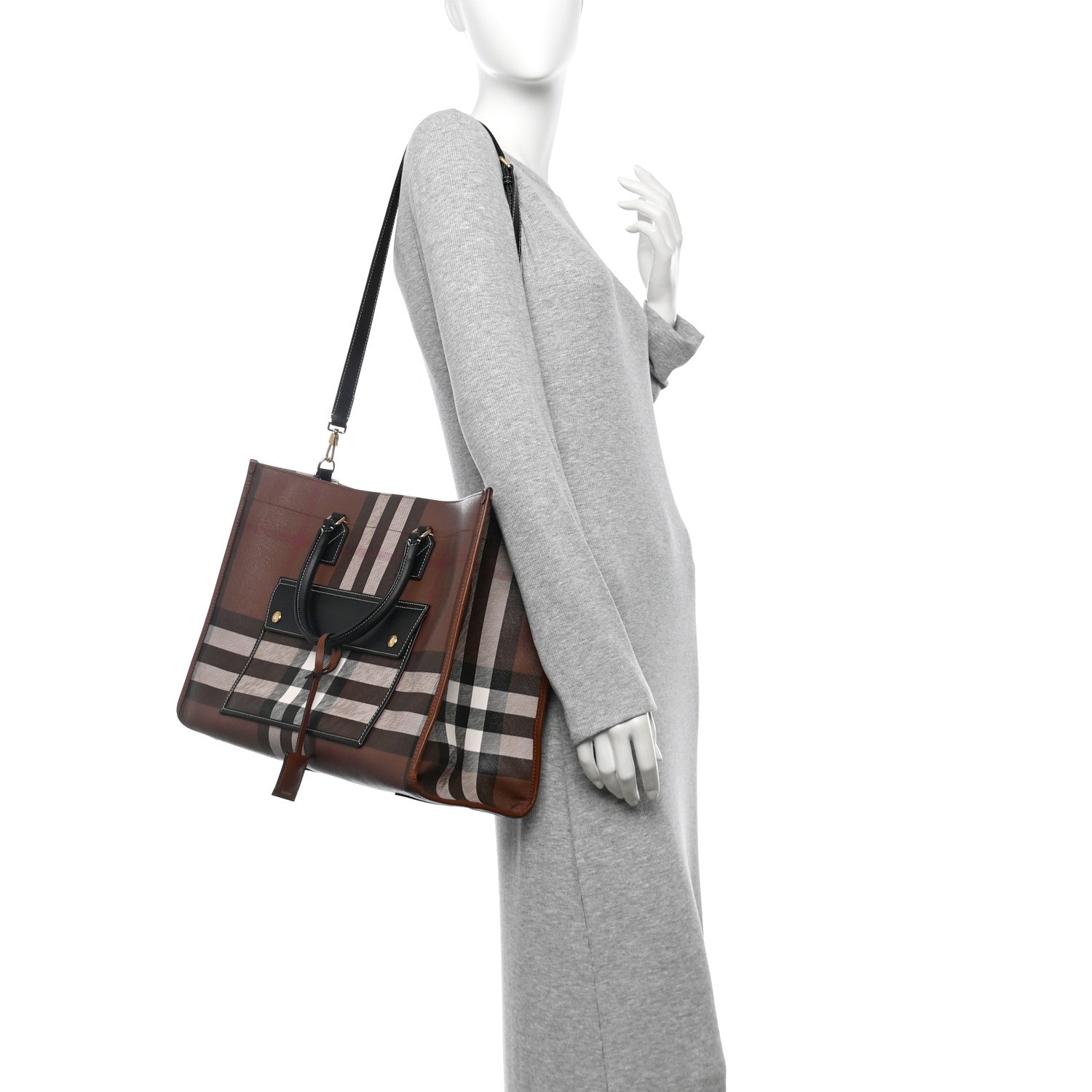 Burberry E-Canvas Check Calfskin Medium Freya Tote Dark Birch Brown 2 of 11