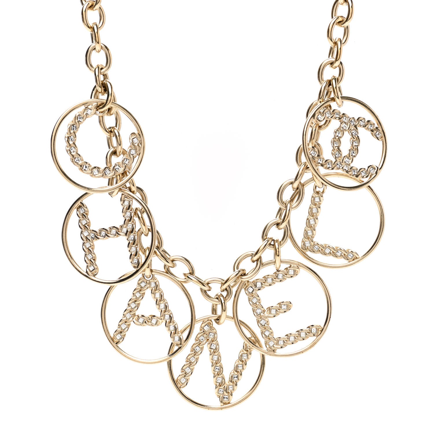 Chanel Metal Strass Crystal Logo Necklace Gold 1 of 4