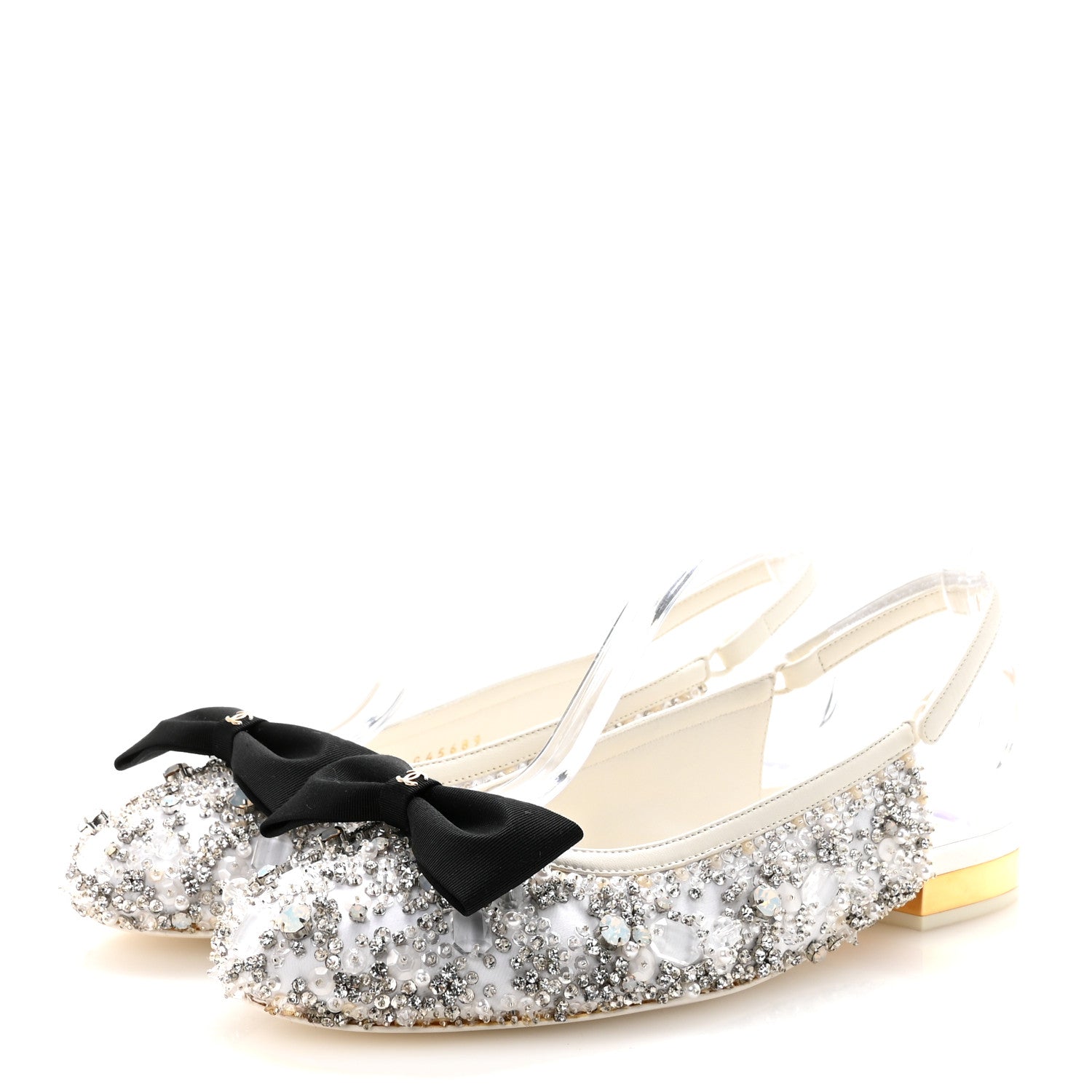 Chanel Satin Crystal Lambskin Grosgrain Bow CC Slingback Flats 38.5 White Black 4 of 10