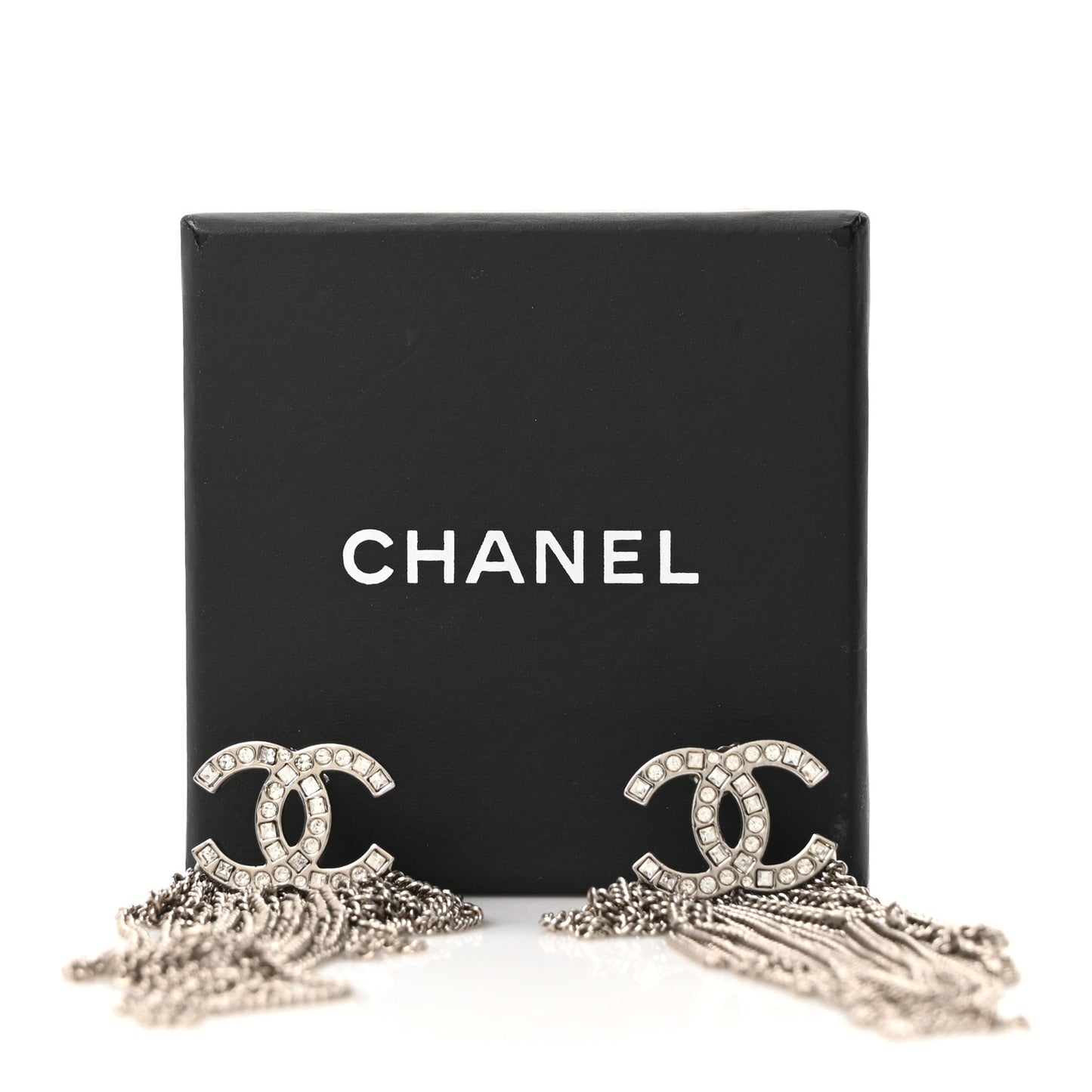 Baguette Crystal CC Chain Drop Earrings Silver