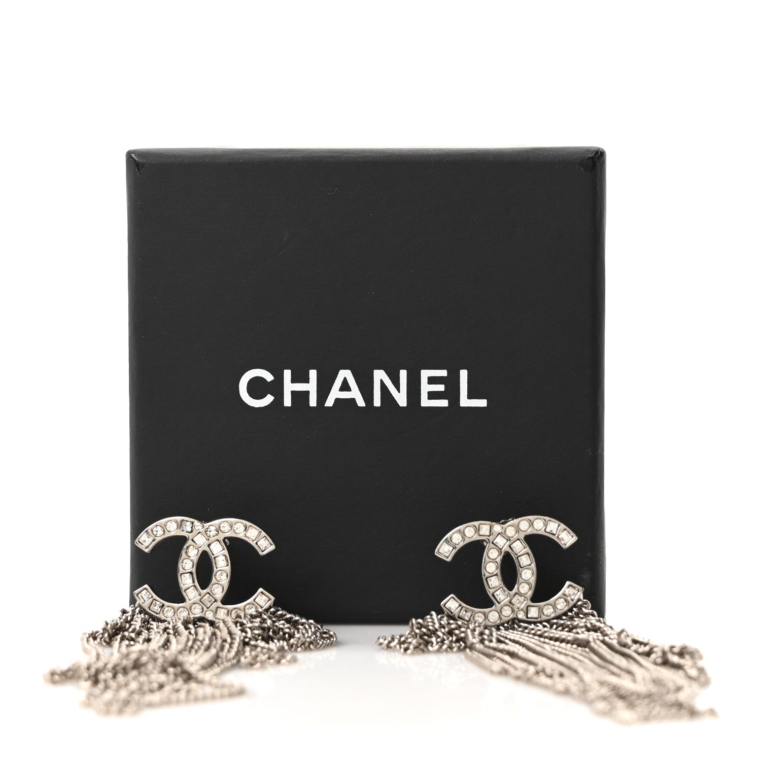Chanel Baguette Crystal CC Chain Drop Earrings Silver 5 of 5
