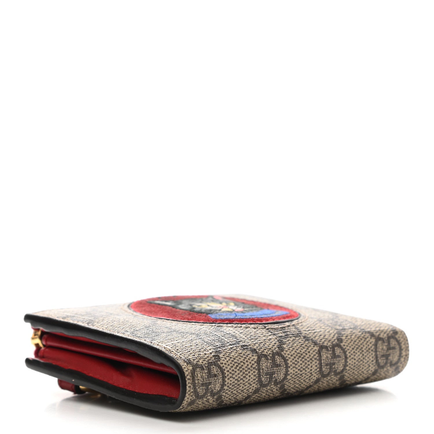 Gucci GG Supreme Monogram Mystic Cat Patch Zip Around Card Case Wallet Beige Hibiscus Red 4 of 8