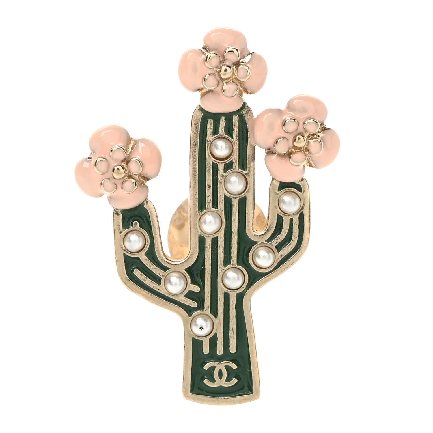 Chanel Enamel Pearl Cactus Brooch Green Gold 1 of 4