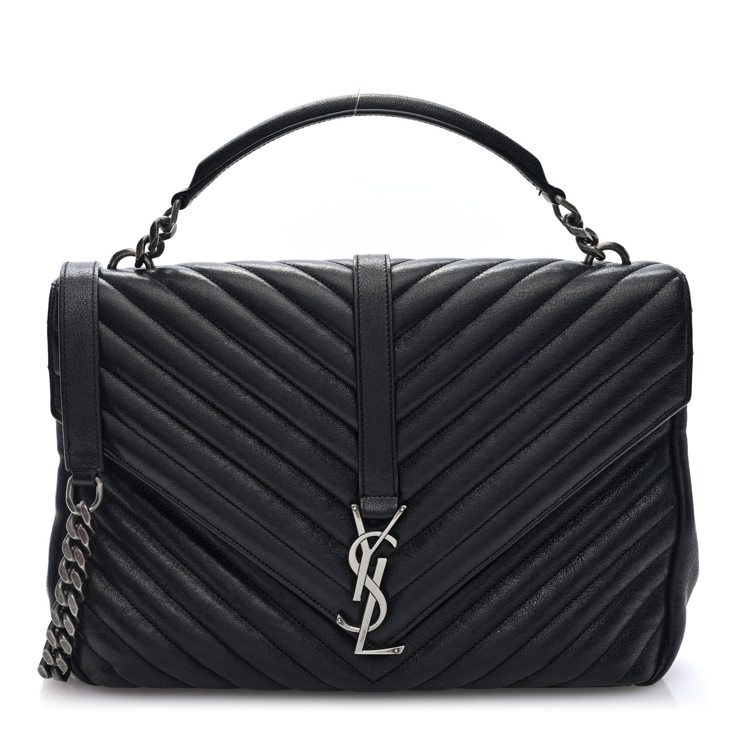 Saint Laurent Sheepskin Matelasse Chevron Monogram Large College Satchel Black Tulip 1 of 9